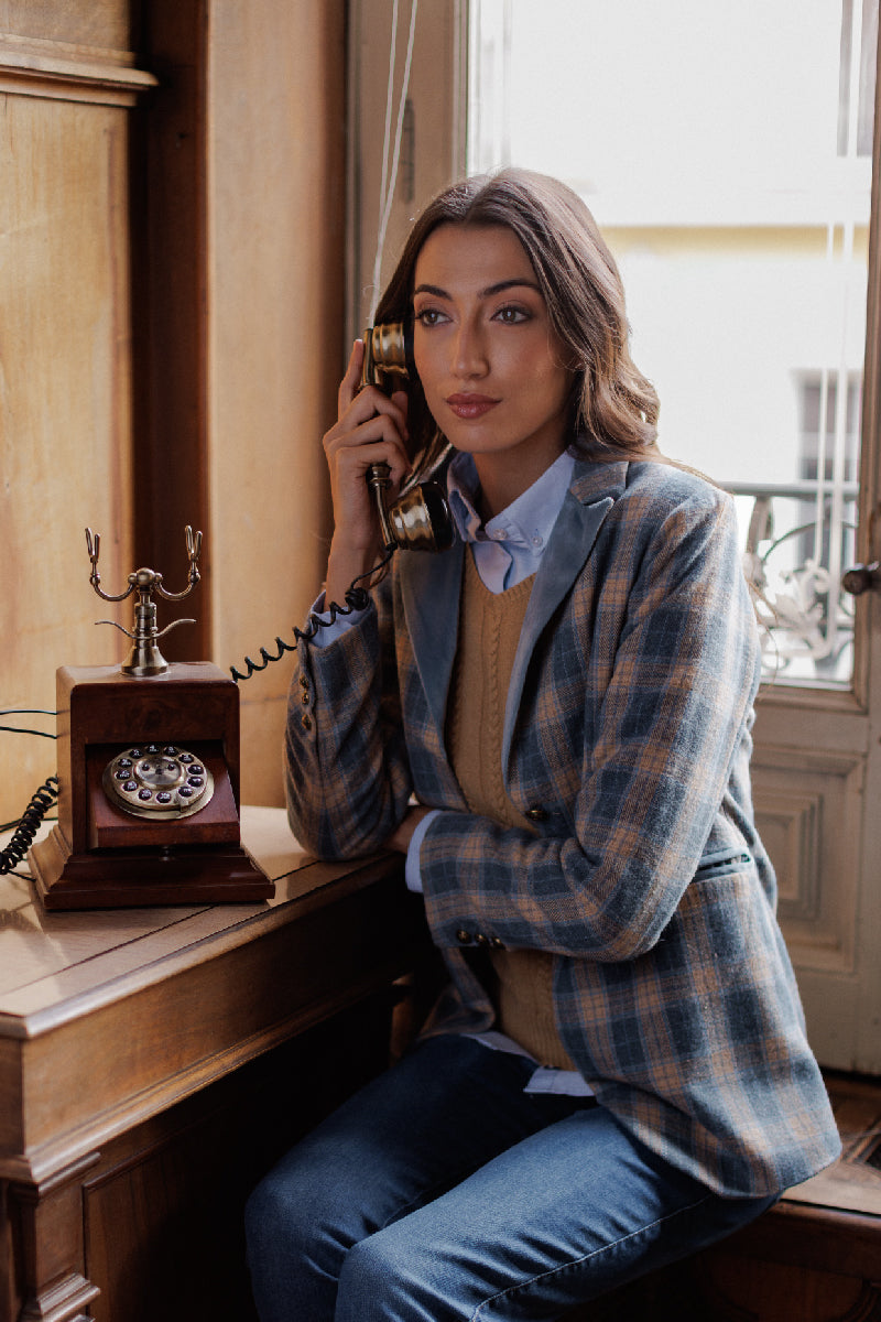 Blue beige plaid blazer