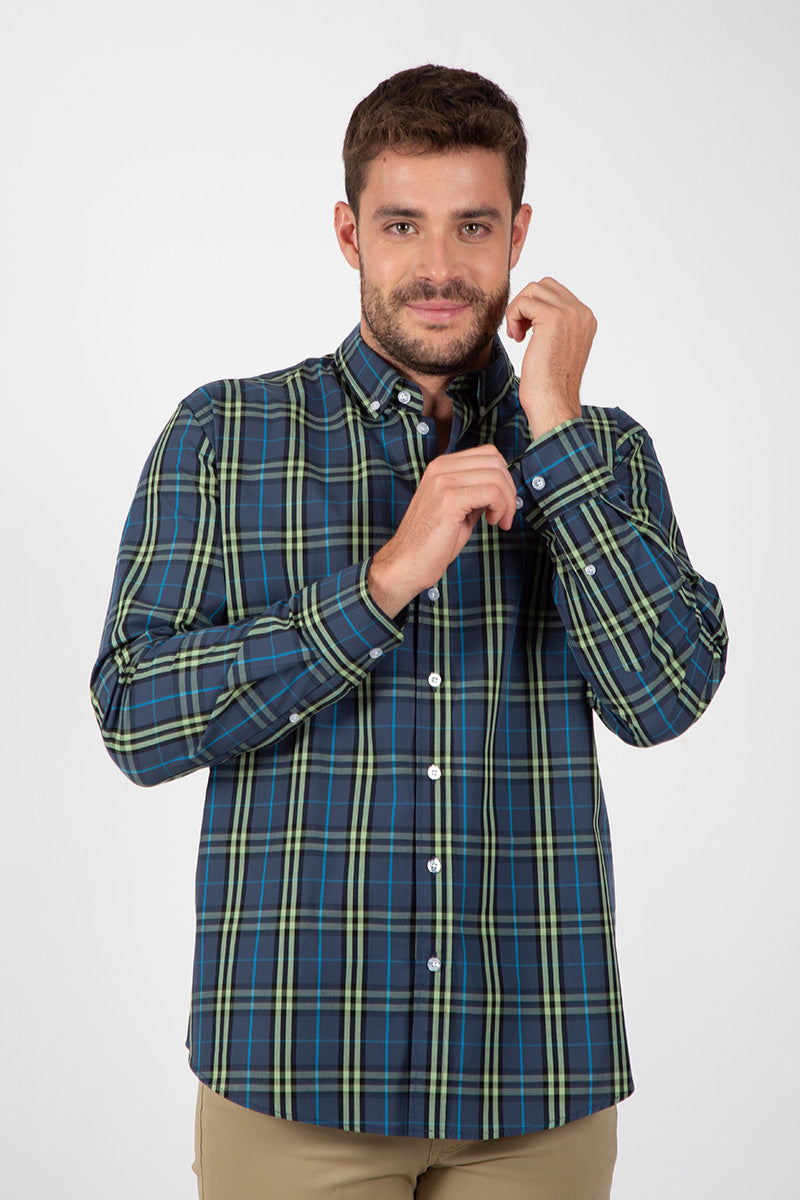 Camisa Azul con Cuadros Verdes