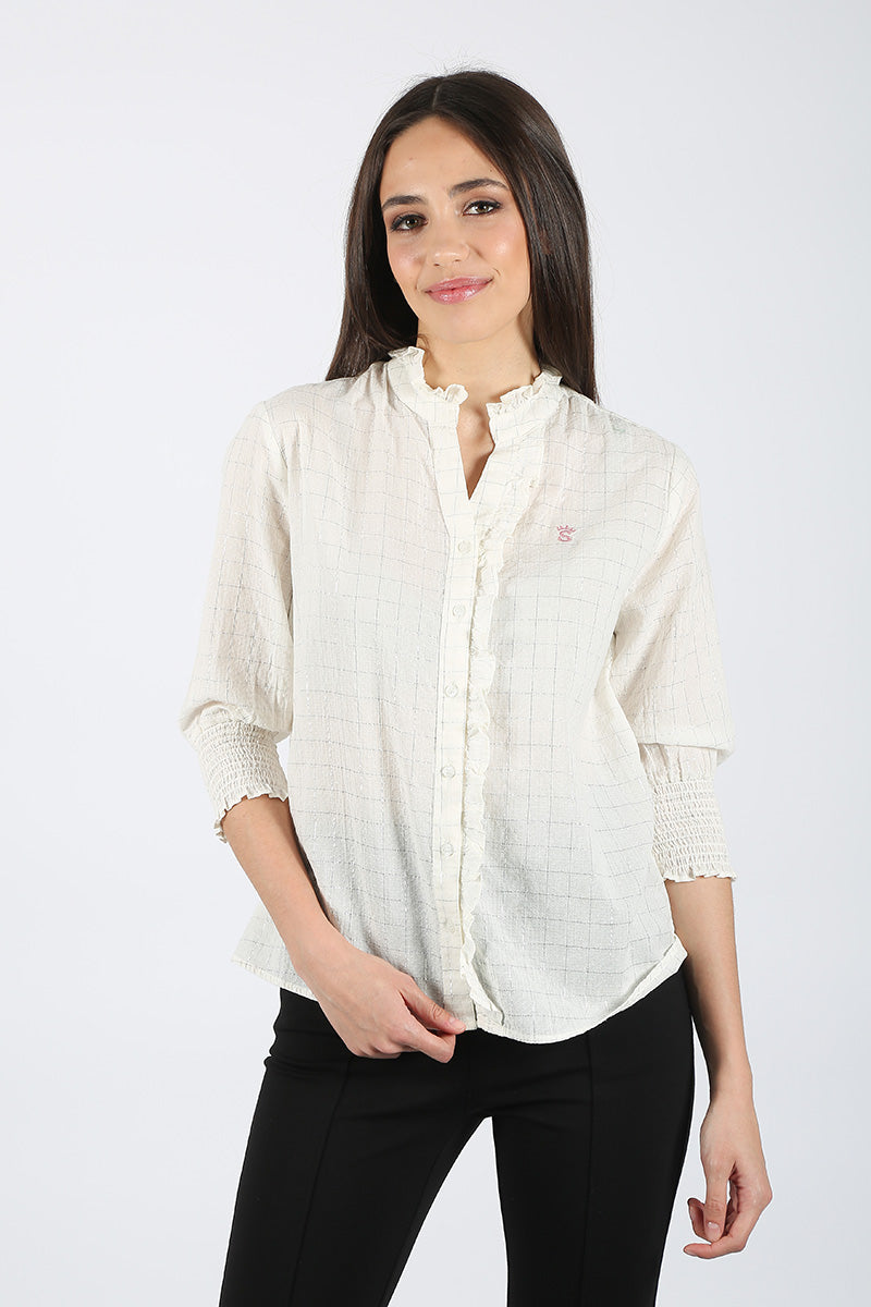 Blusa Blanco Roto Cuadros Plateados
