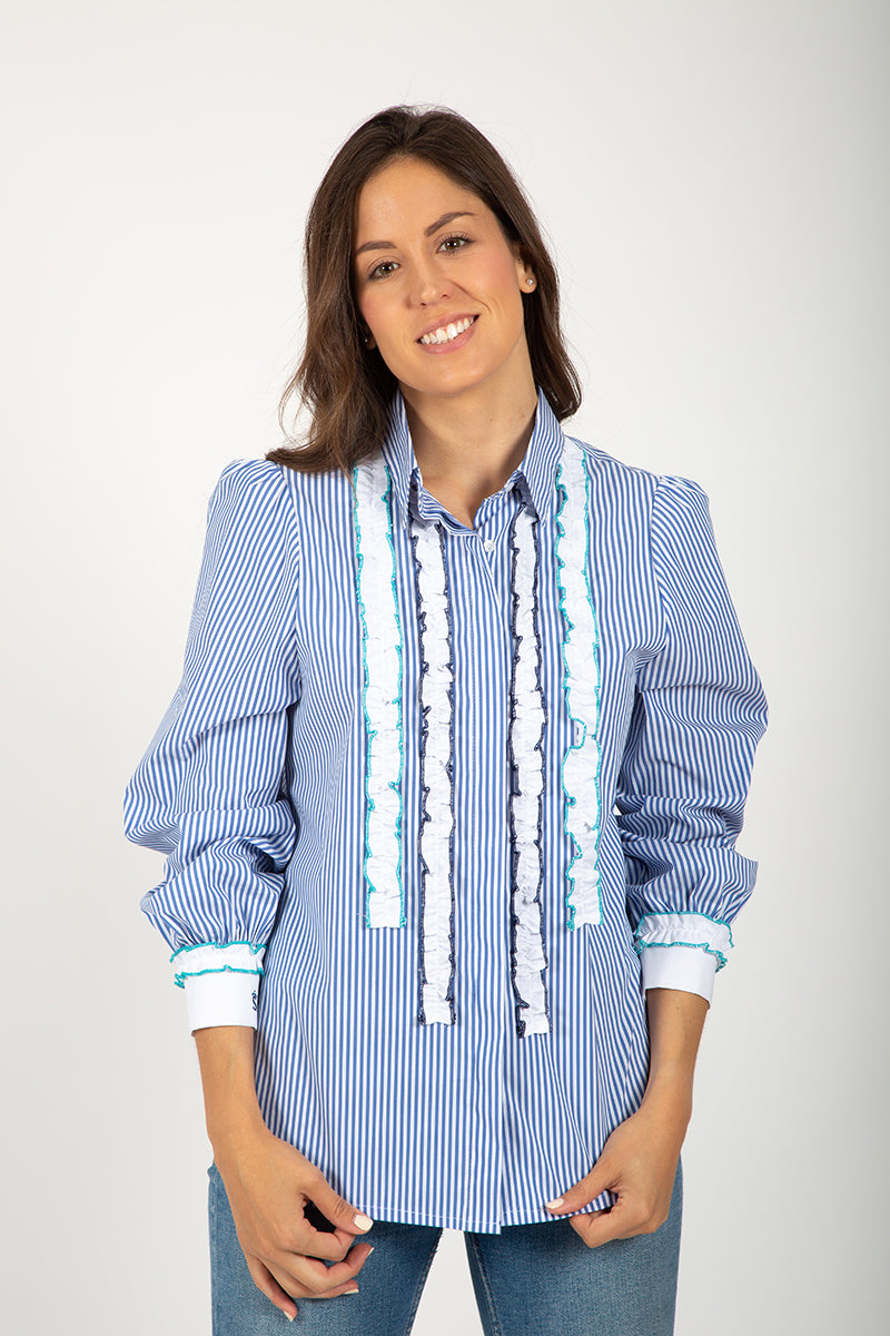 Blue striped shirt.