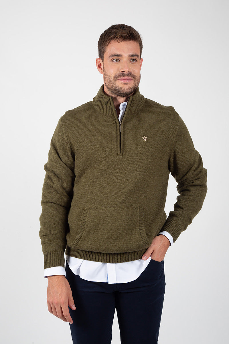 Khaki Zip-Up Kangaroo Pocket Sweater