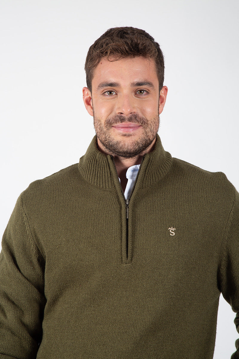 Khaki Zip-Up Kangaroo Pocket Sweater