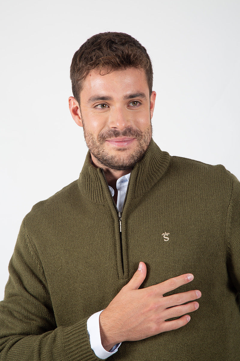 Khaki Zip-Up Kangaroo Pocket Sweater