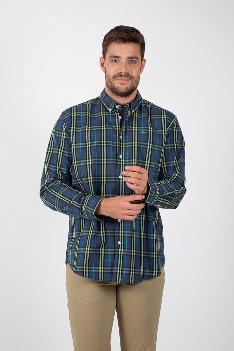 Camisa Azul con Cuadros Verdes