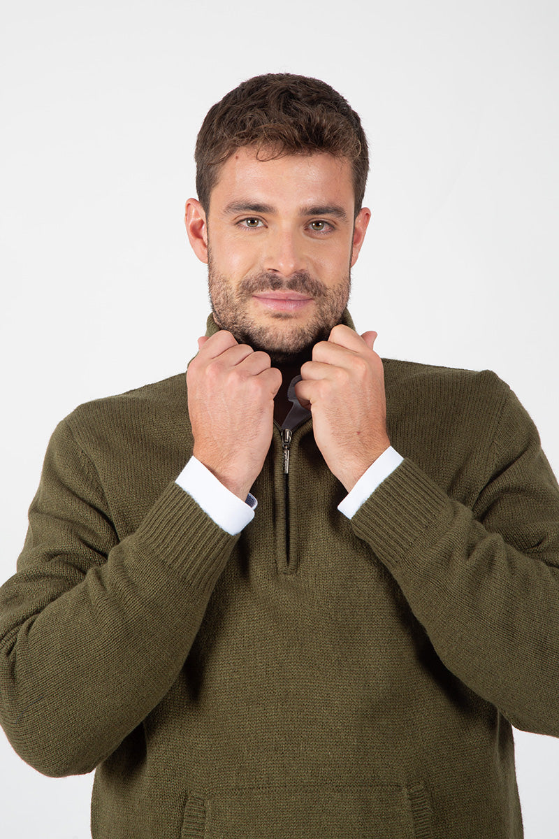 Khaki Zip-Up Kangaroo Pocket Sweater