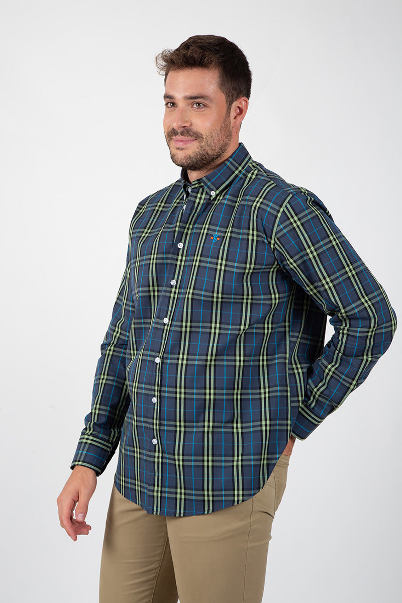 Camisa Azul con Cuadros Verdes