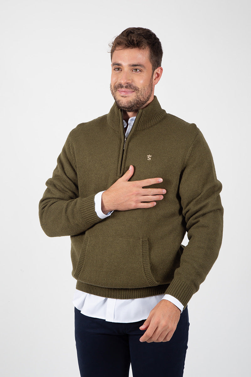 Khaki Zip-Up Kangaroo Pocket Sweater