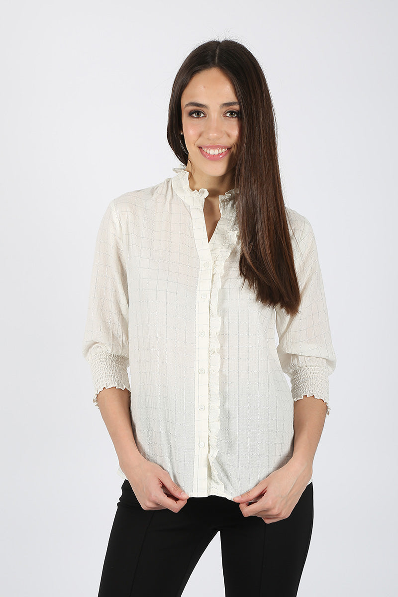 Blusa Blanco Roto Cuadros Plateados