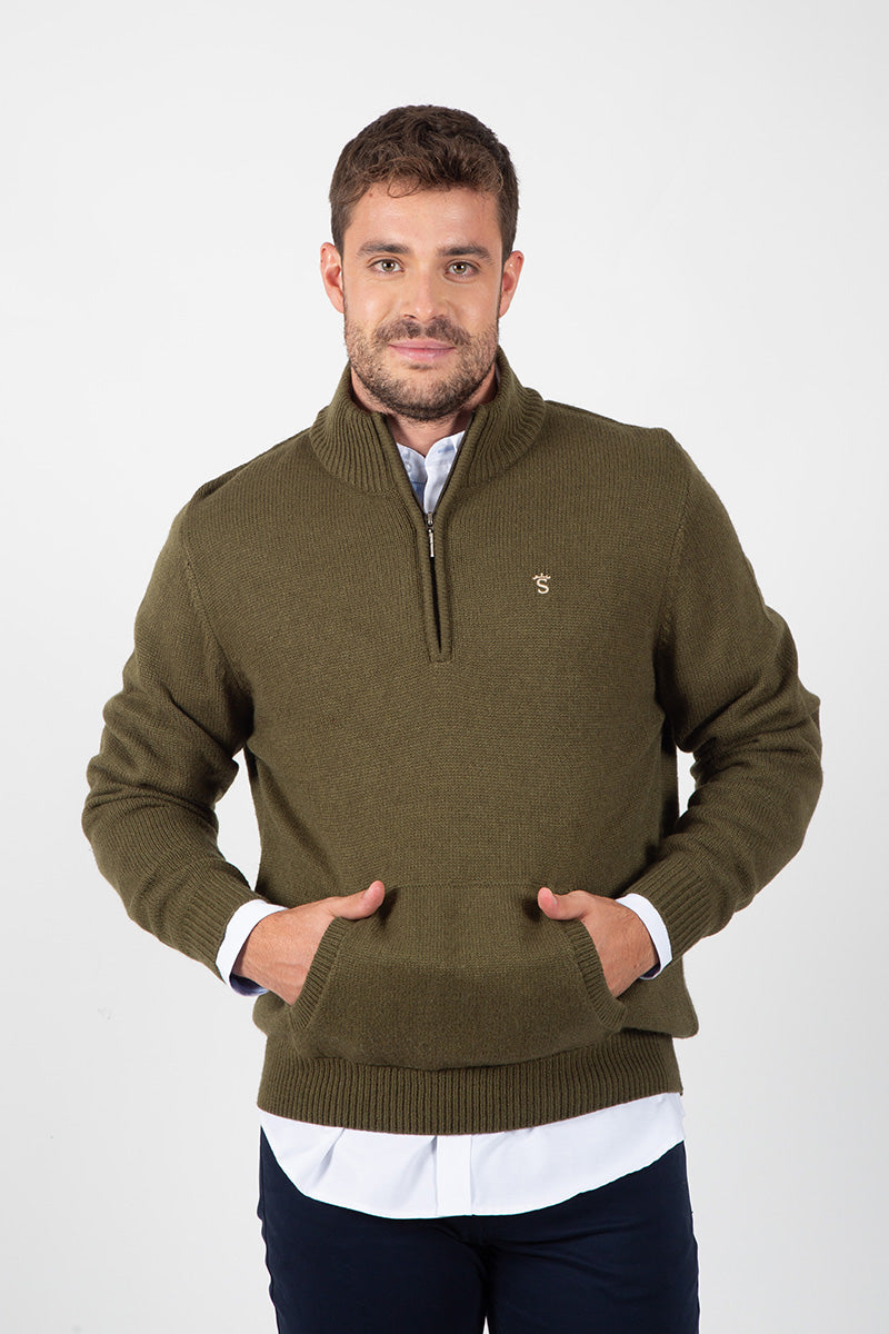 Khaki Zip-Up Kangaroo Pocket Sweater