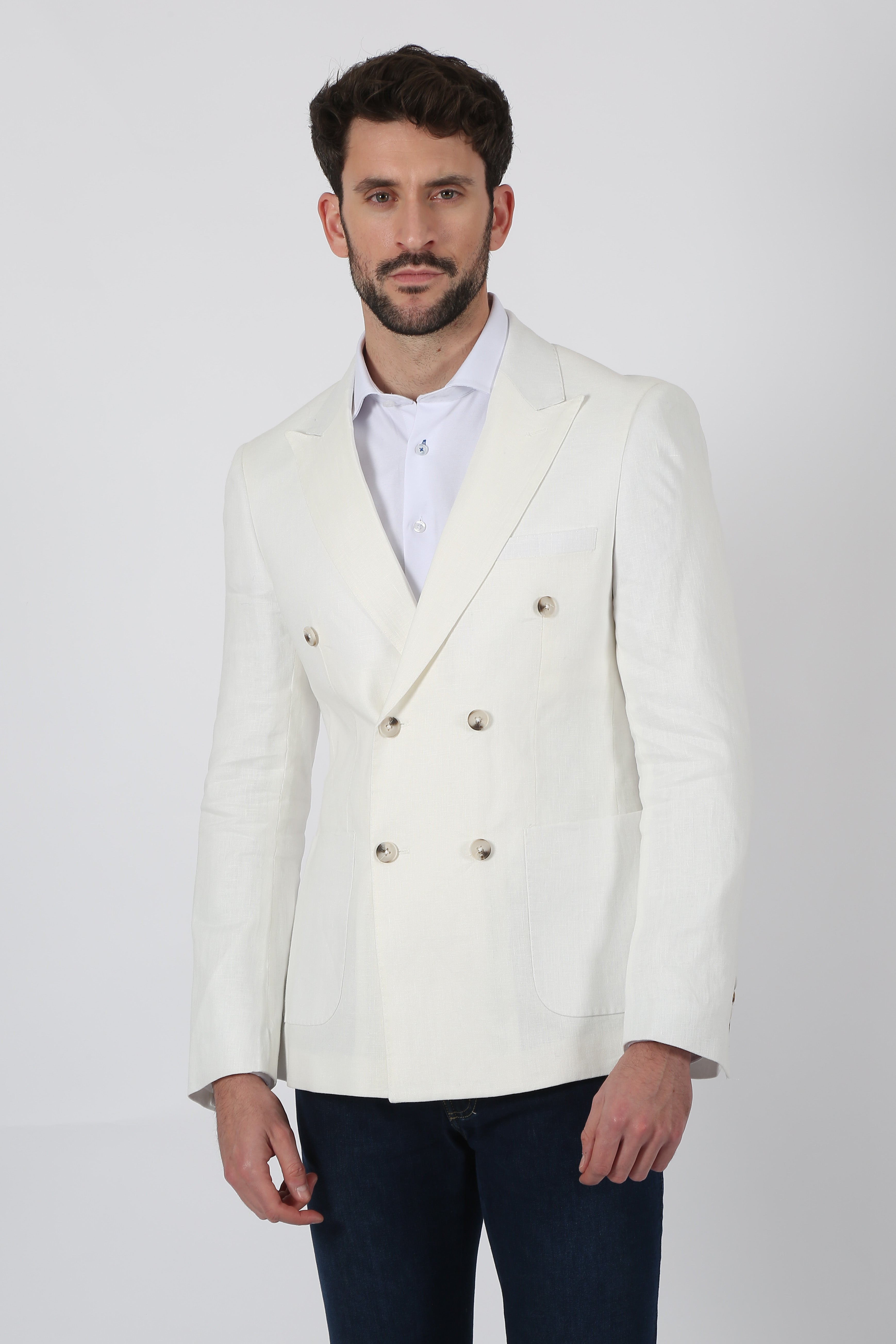 White double-breasted linen blazer