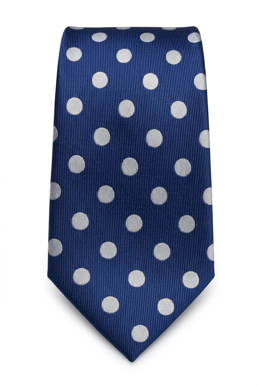 Corbata azul marino con lunares sobre fondo blanco
