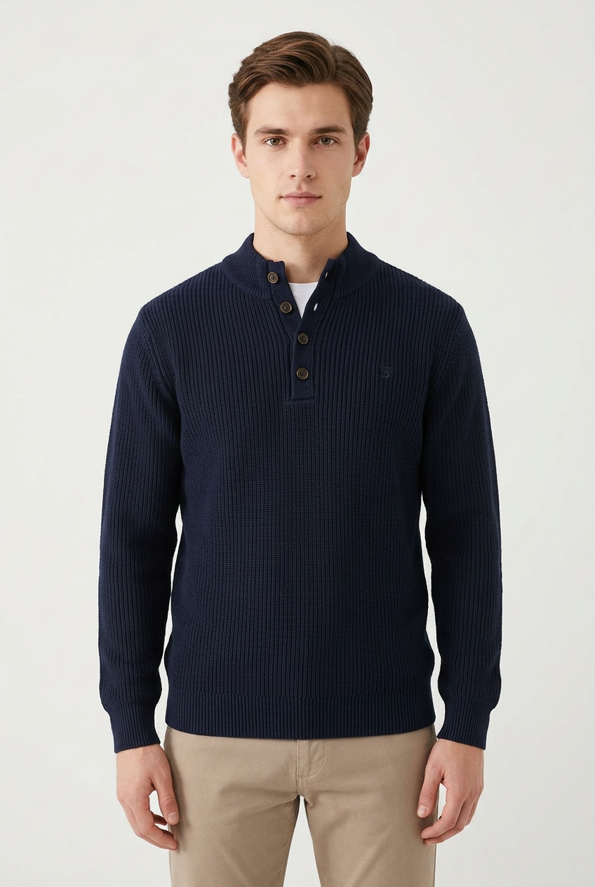 Jersey marino con modelo joven y fondo blanco