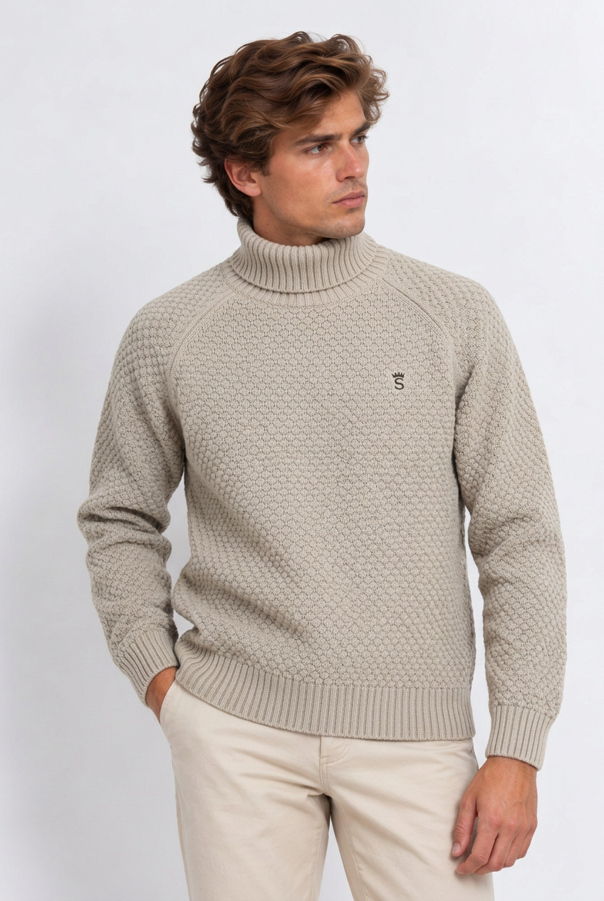 Modelo de pie con jersey beige de cuello vuelto