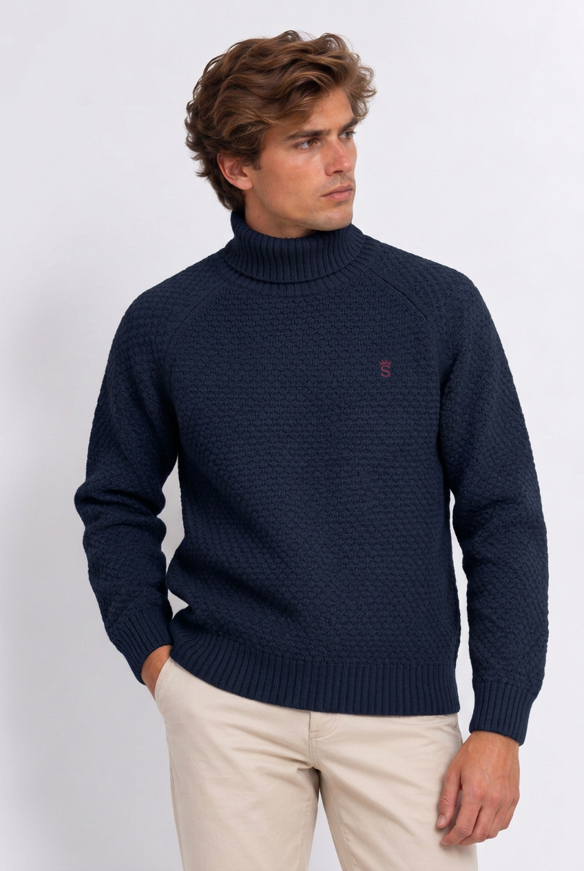 Modelo de pie con jersey marino
