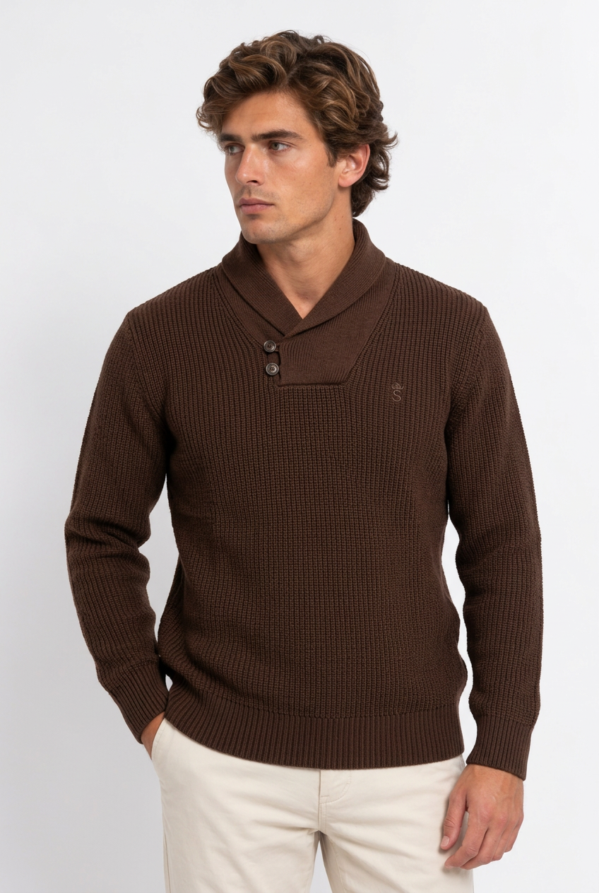 Modelo de pie con jersey marrón oscuro
