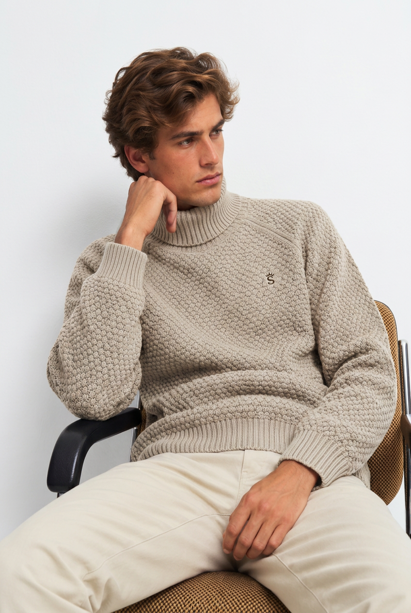 Modelo sentado con jersey beige de cuello vuelto