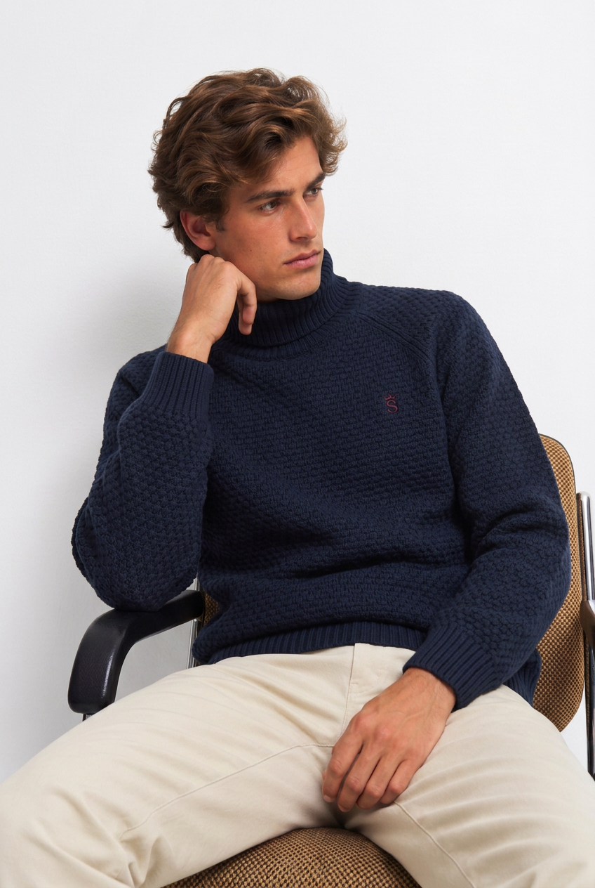 Modelo sentado con jersey marino