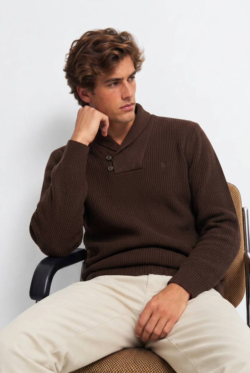 Modelo sentado con jersey marrón oscuro