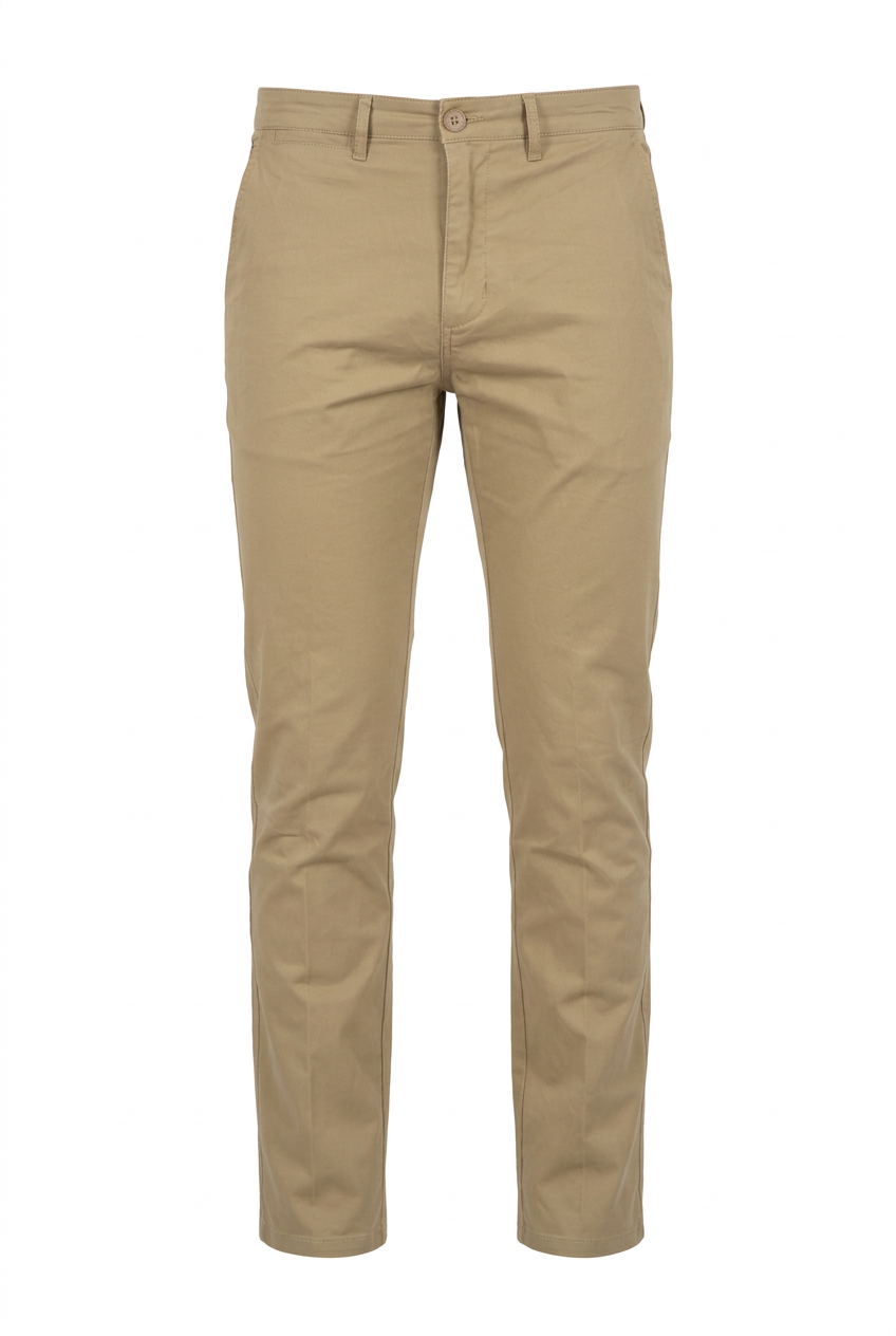 Pantalón chino tostado solo sobre fondo blanco