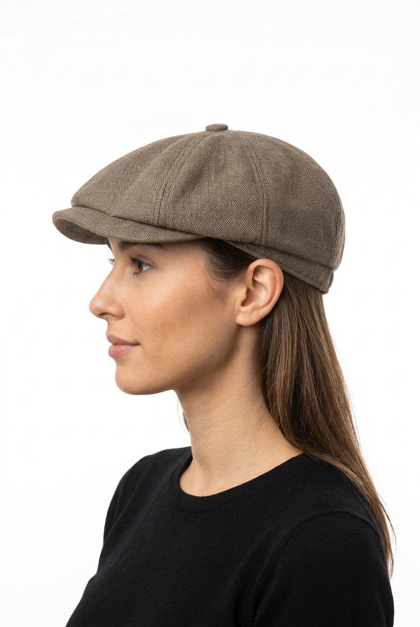 Vista de perfil de la gorra con la misma modelo