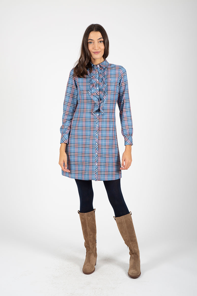 Vestido azul camisero volantes