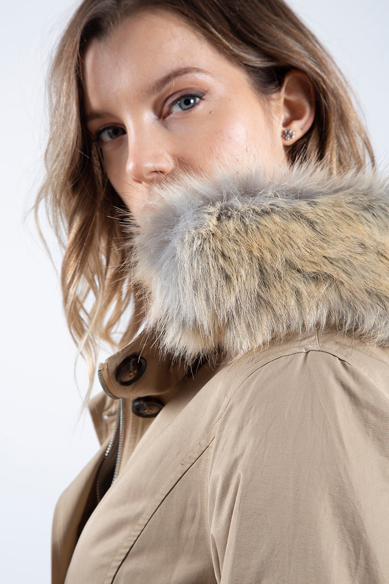 Beige fur padded gabardine parka
