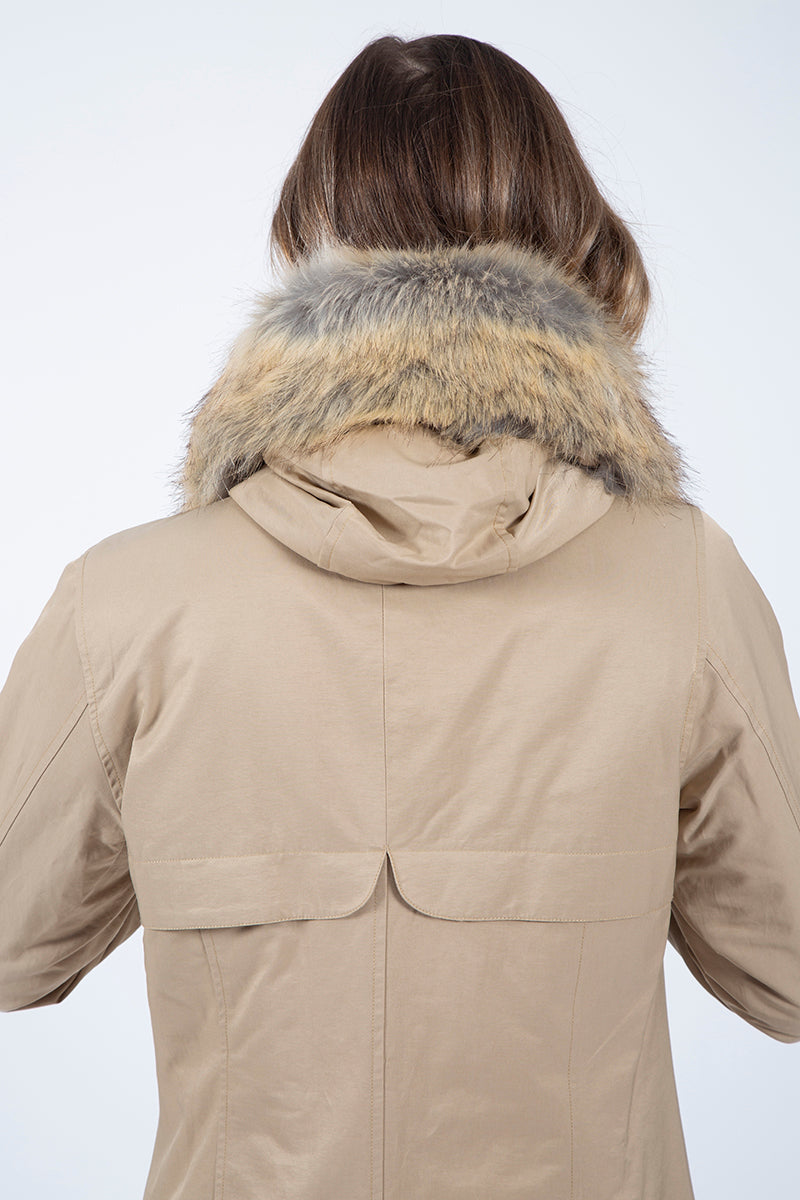 Beige fur padded gabardine parka