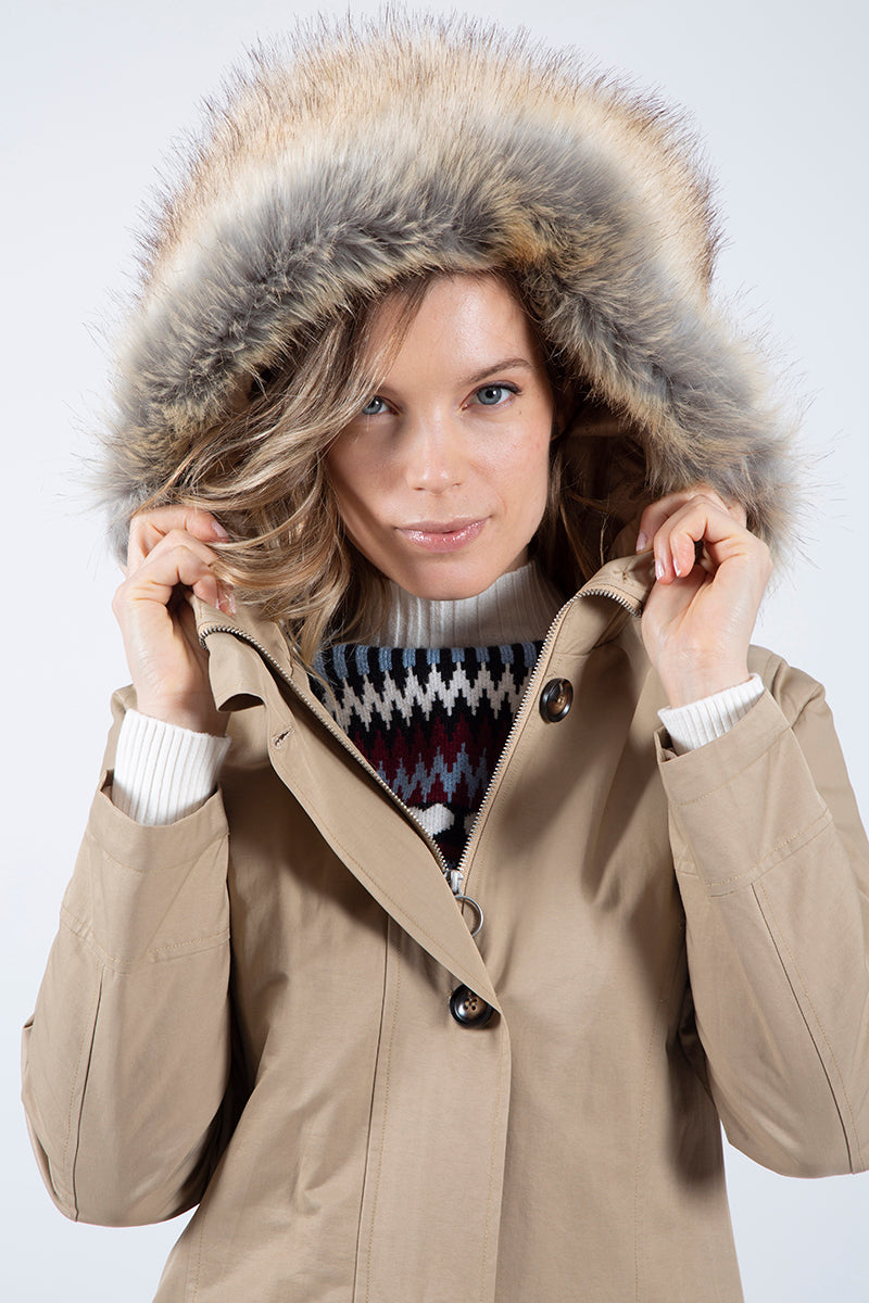 Beige fur padded gabardine parka