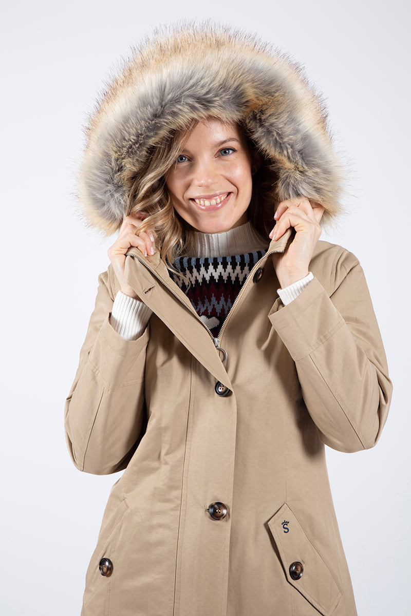 Parka en gabardine matelassée fourrure beige