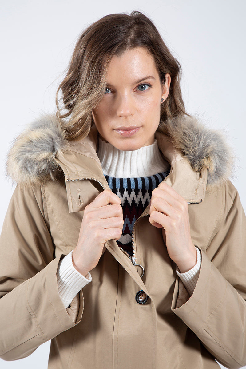 Beige fur padded gabardine parka