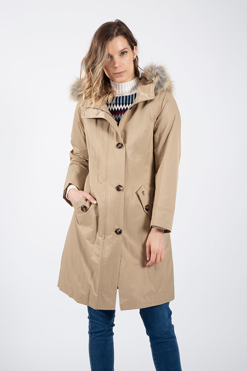 Beige fur padded gabardine parka