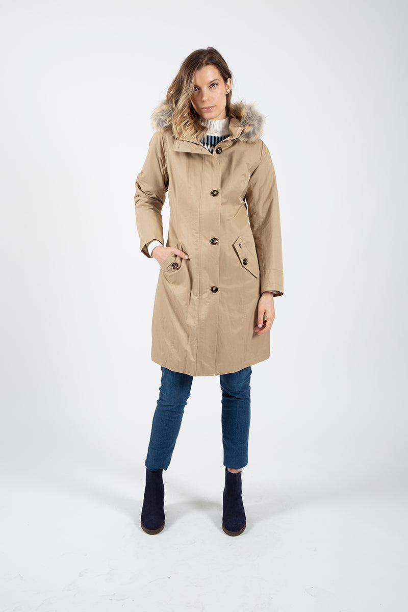 Beige fur padded gabardine parka